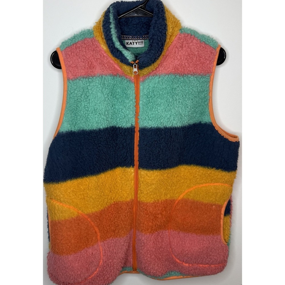 Katy Did Vest Womens L Sherpa Pink Blue Stripe Fleece Pockets Cozy Fall Colorful